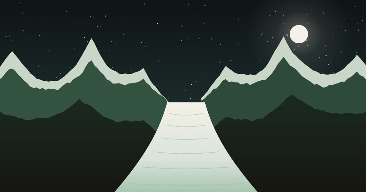 Zwei Bergmassive bei Nacht, getrennt durch eine Gletscherzunge, die keine Seite überquert.