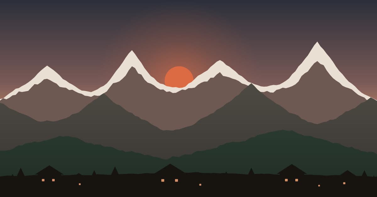 Illustration d’un village de montagne devant des sommets enneigés et un soleil bas