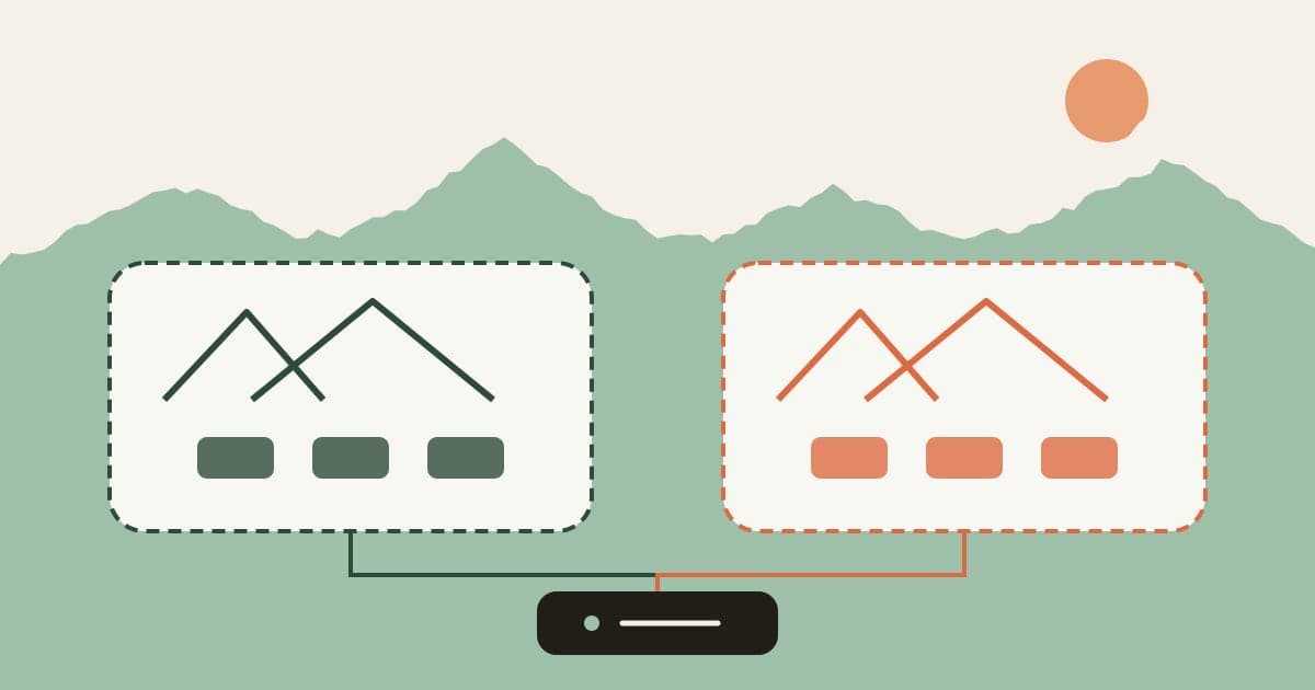 Concept diagram: two separate data areas in a mountain valley connected to one interface, not a depiction of a live multi-resort service